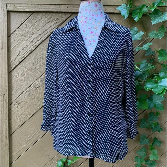 Style Co 3/4 ruffle sleeve button-up Shirt Sz 14P black white check business top - Picture 2 of 16